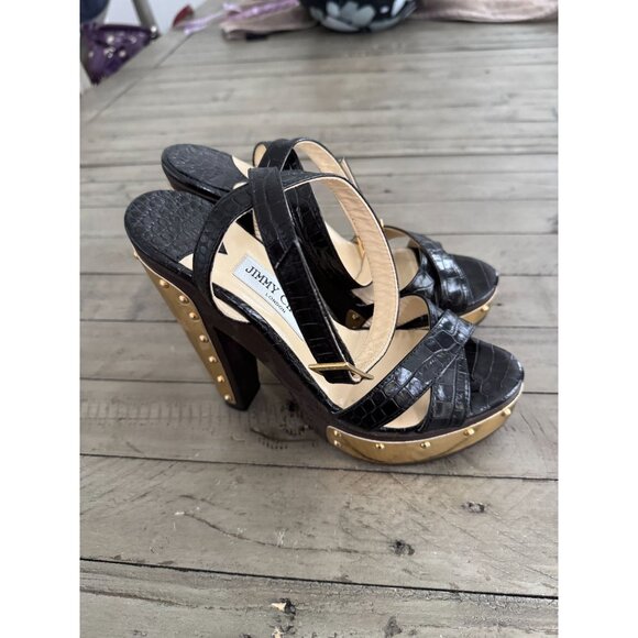 Jimmy Choo Black Croc Embossed Ultimate Wooden Ankle Strap Platform Heels 38.5 - Picture 9 of 12